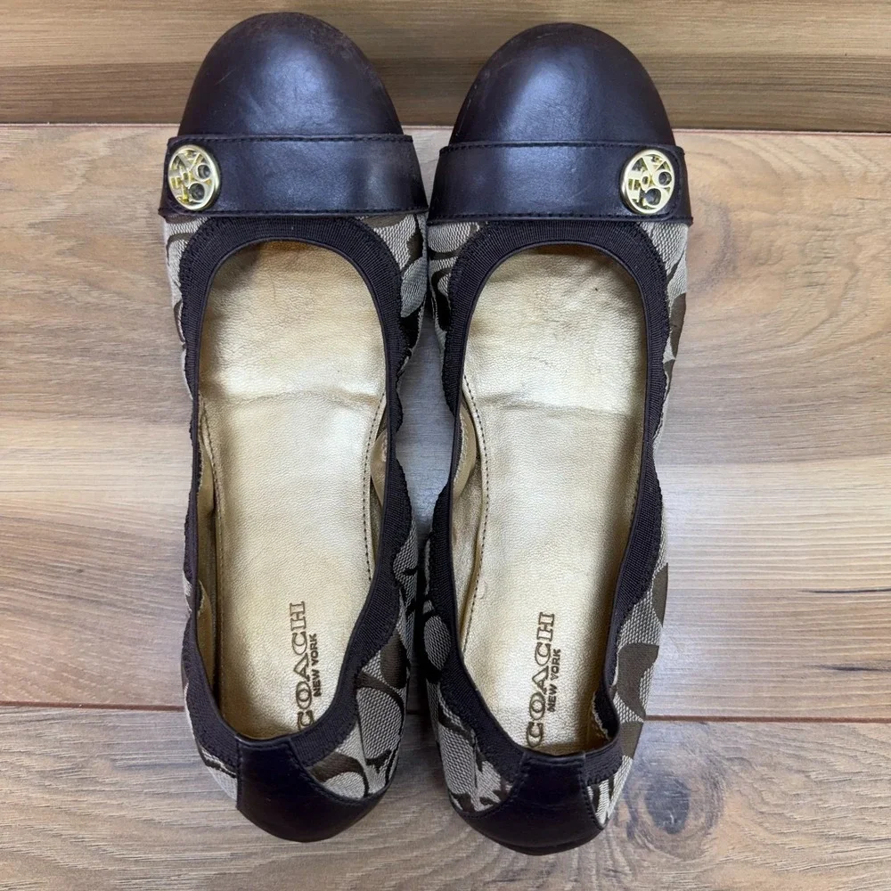Coach Chelsea Ballet Flats Y2K 7.5 Brown Signature Cap Toe Stretch Casual Office